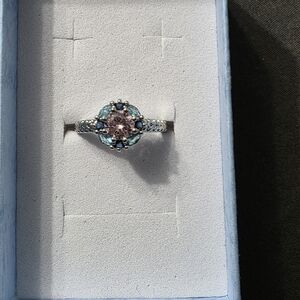 Estate - Silver Tone - Pink Gemstone Halo Ring with Blue Accents - Item 244